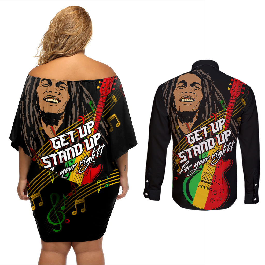 Legend Bob Get Up Stand Up Couples Matching Off Shoulder Short Dress and Long Sleeve Button Shirt Reggae Multicolored LT9 - Wonder Print Shop
