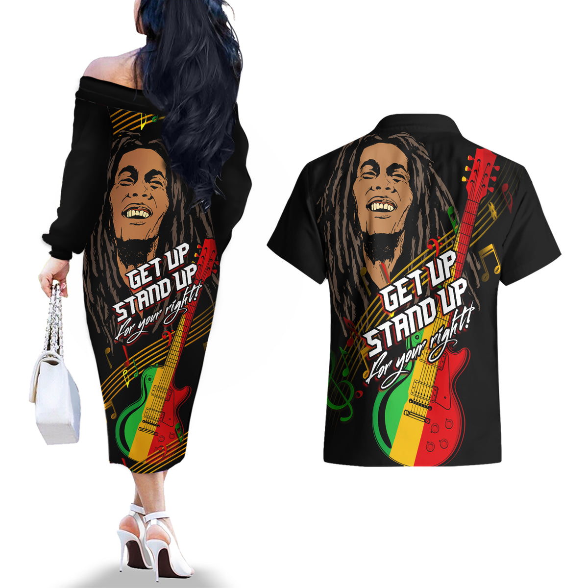 Legend Bob Get Up Stand Up Couples Matching Off The Shoulder Long Sleeve Dress and Hawaiian Shirt Reggae Multicolored LT9 - Wonder Print Shop