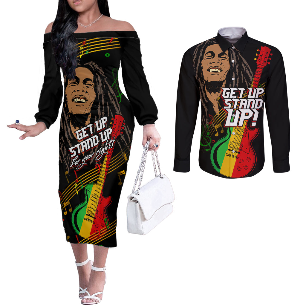 Bob Marley Get Up Stand Up Couples Matching Off The Shoulder Long Sleeve Dress and Long Sleeve Button Shirt Reggae Multicolored