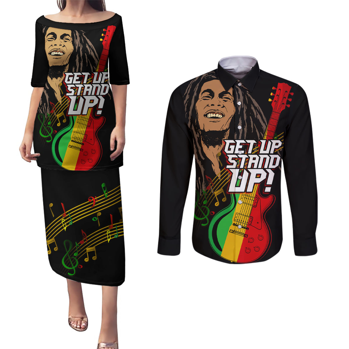 Legend Bob Get Up Stand Up Couples Matching Puletasi and Long Sleeve Button Shirt Reggae Multicolored LT9 - Wonder Print Shop