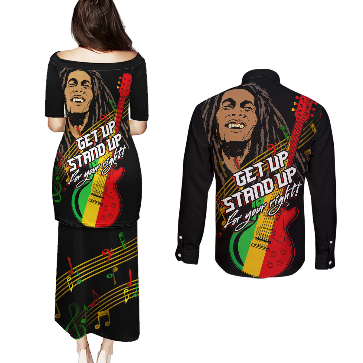 Legend Bob Get Up Stand Up Couples Matching Puletasi and Long Sleeve Button Shirt Reggae Multicolored LT9 - Wonder Print Shop