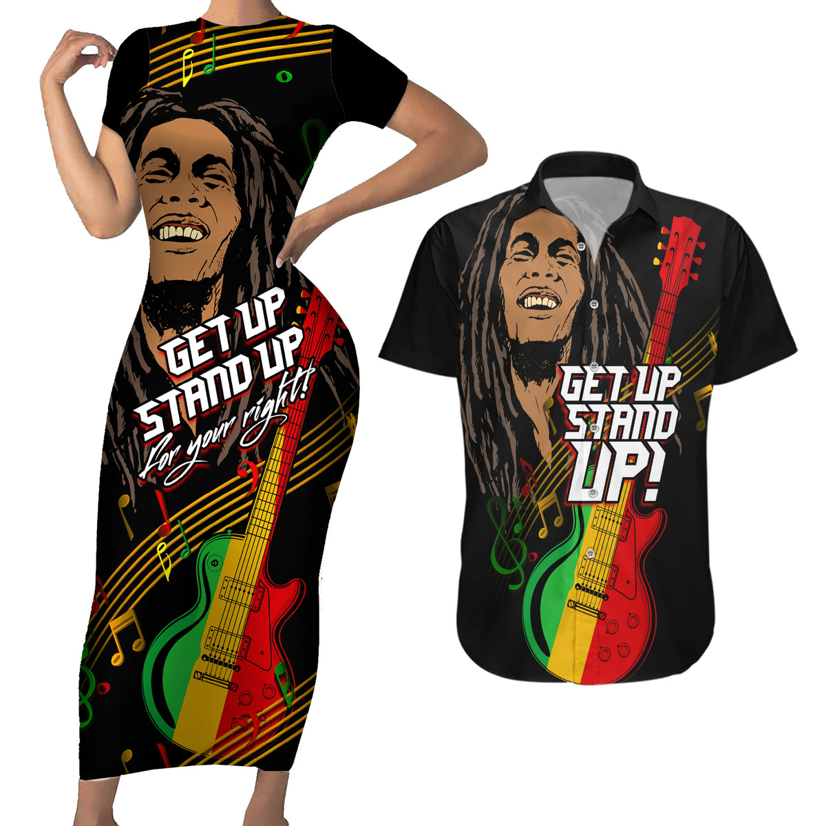 Legend Bob Get Up Stand Up Couples Matching Short Sleeve Bodycon Dress and Hawaiian Shirt Reggae Multicolored LT9 - Wonder Print Shop