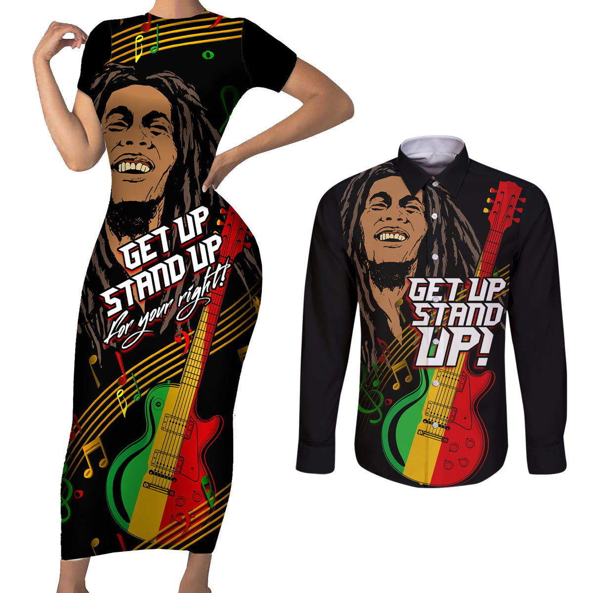 Legend Bob Get Up Stand Up Couples Matching Short Sleeve Bodycon Dress and Long Sleeve Button Shirt Reggae Multicolored LT9 - Wonder Print Shop