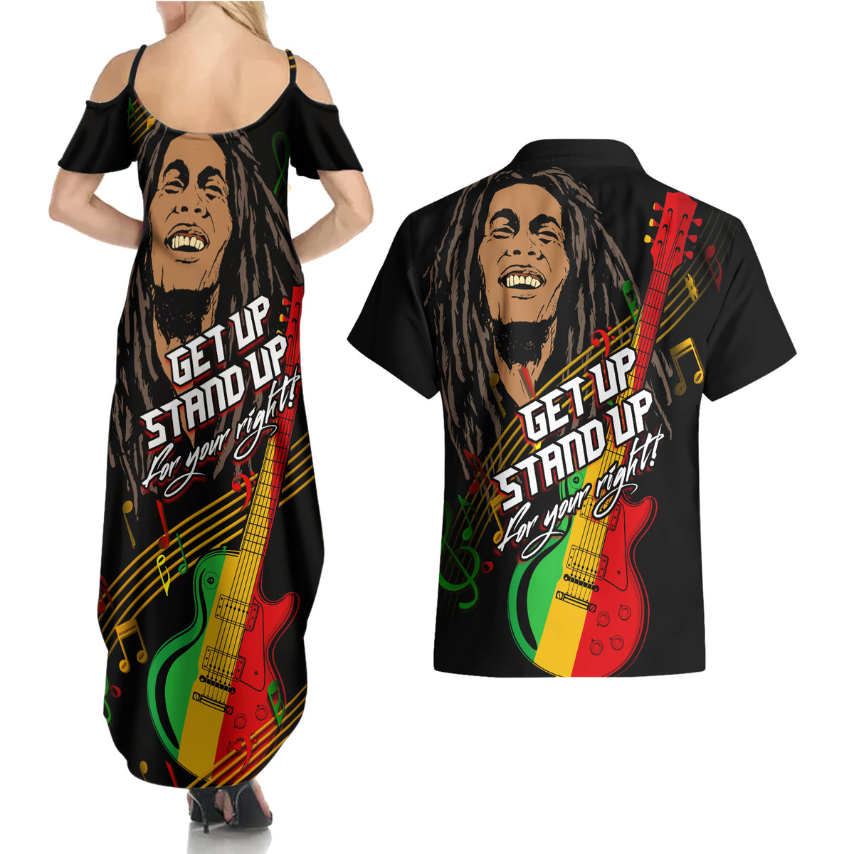 Legend Bob Get Up Stand Up Couples Matching Summer Maxi Dress and Hawaiian Shirt Reggae Multicolored LT9 - Wonder Print Shop