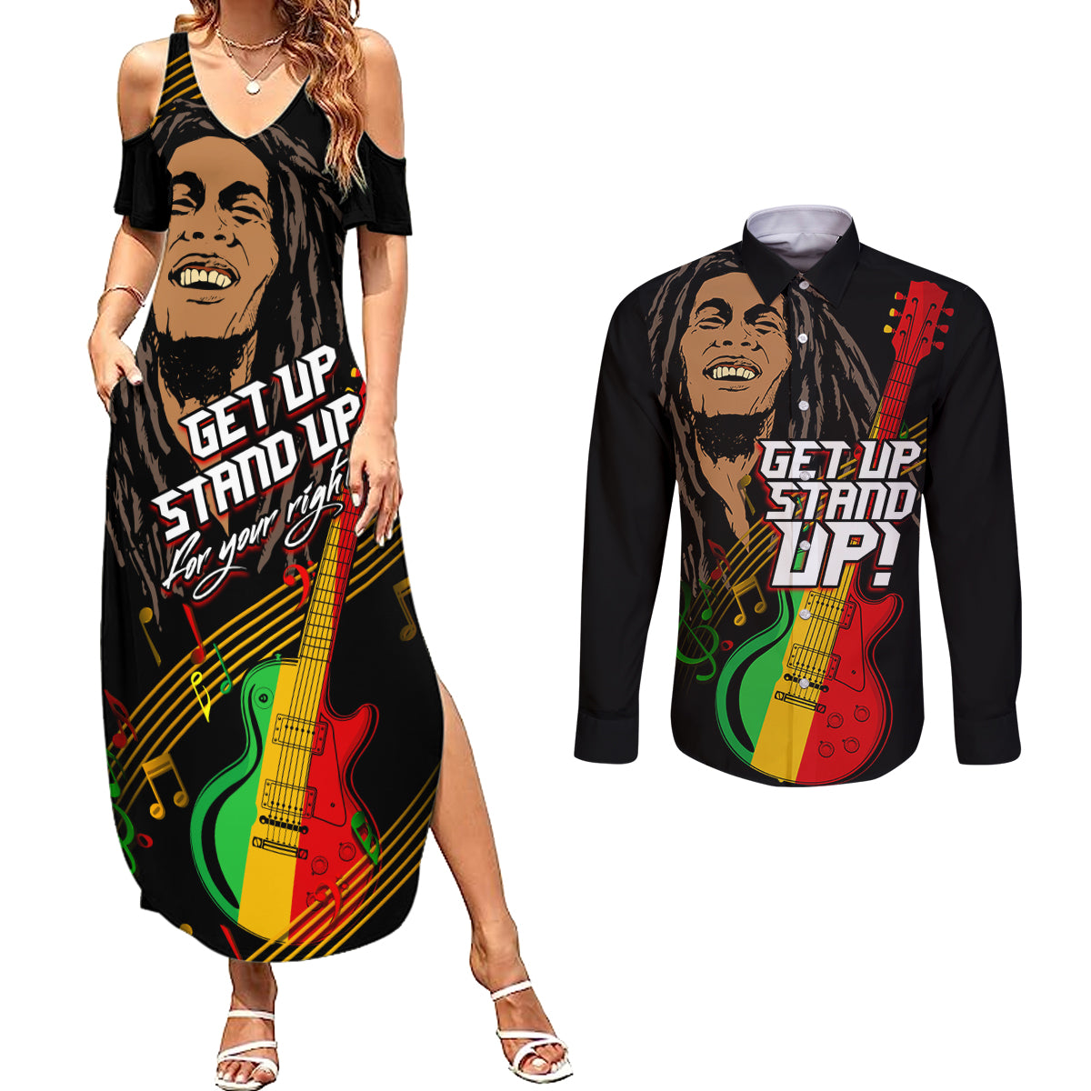 Legend Bob Get Up Stand Up Couples Matching Summer Maxi Dress and Long Sleeve Button Shirt Reggae Multicolored LT9 - Wonder Print Shop