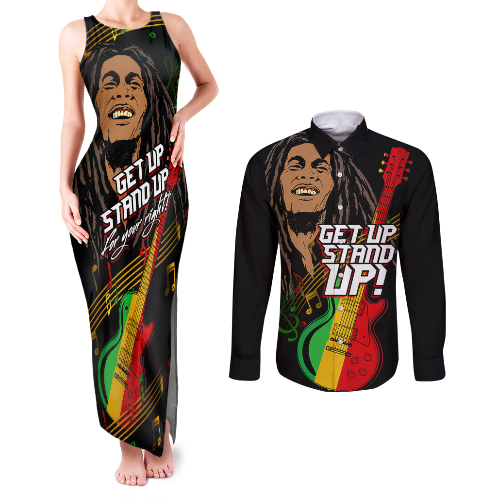 Legend Bob Get Up Stand Up Couples Matching Tank Maxi Dress and Long Sleeve Button Shirt Reggae Multicolored LT9 - Wonder Print Shop