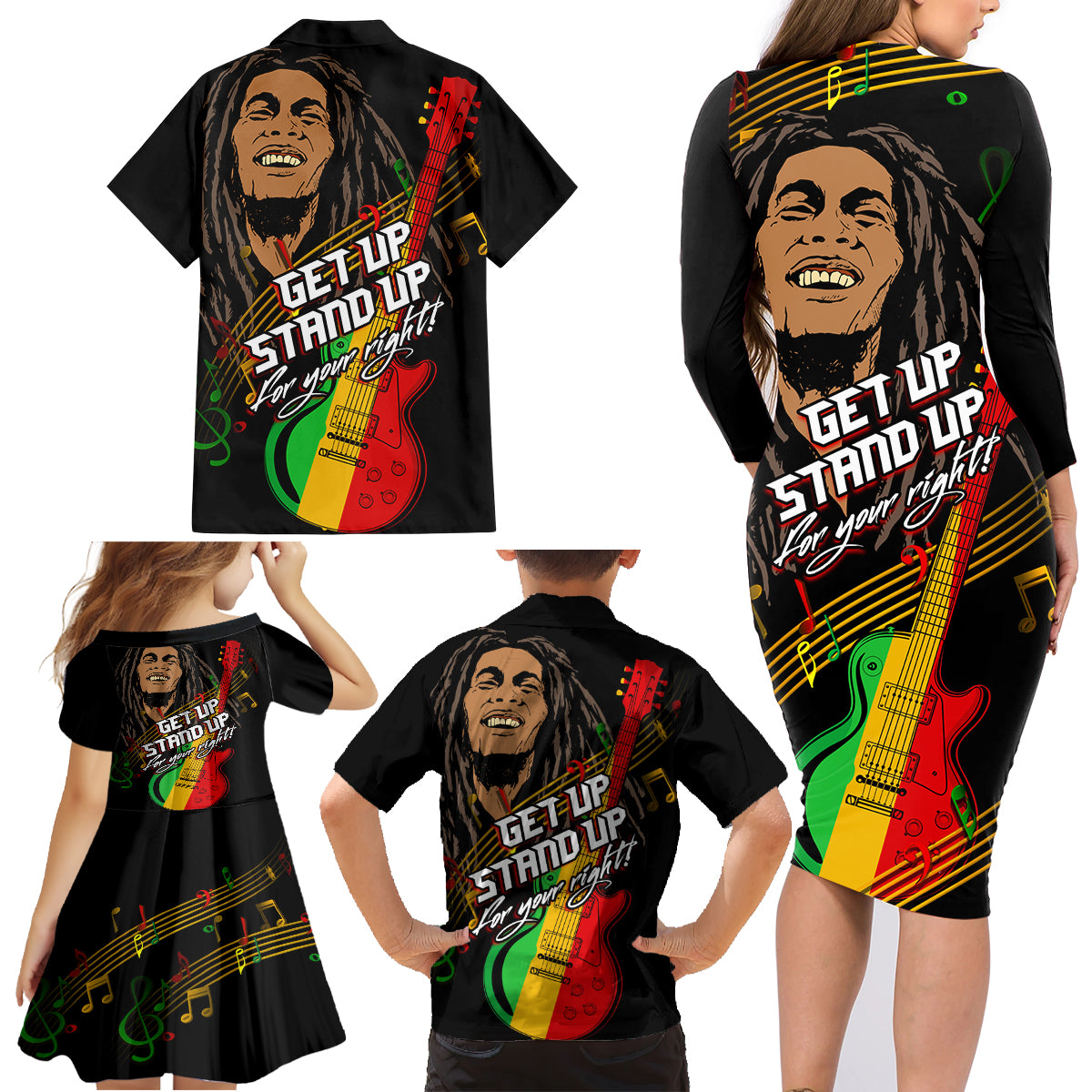 Legend Bob Get Up Stand Up Family Matching Long Sleeve Bodycon Dress and Hawaiian Shirt Reggae Multicolored LT9 - Wonder Print Shop