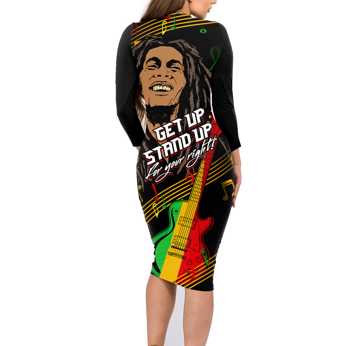 Legend Bob Get Up Stand Up Family Matching Long Sleeve Bodycon Dress and Hawaiian Shirt Reggae Multicolored LT9 - Wonder Print Shop