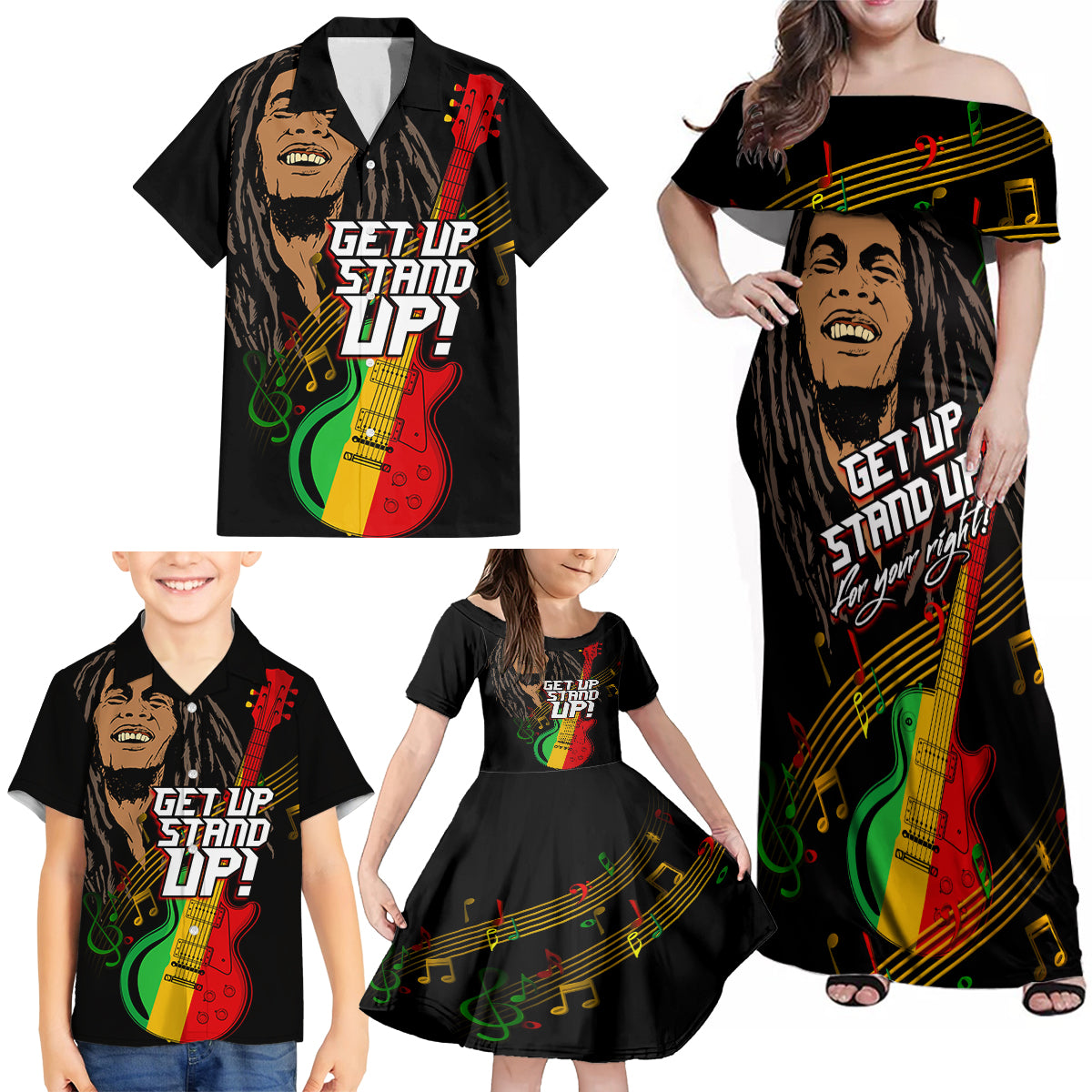 Legend Bob Get Up Stand Up Family Matching Off Shoulder Maxi Dress and Hawaiian Shirt Reggae Multicolored LT9 - Wonder Print Shop