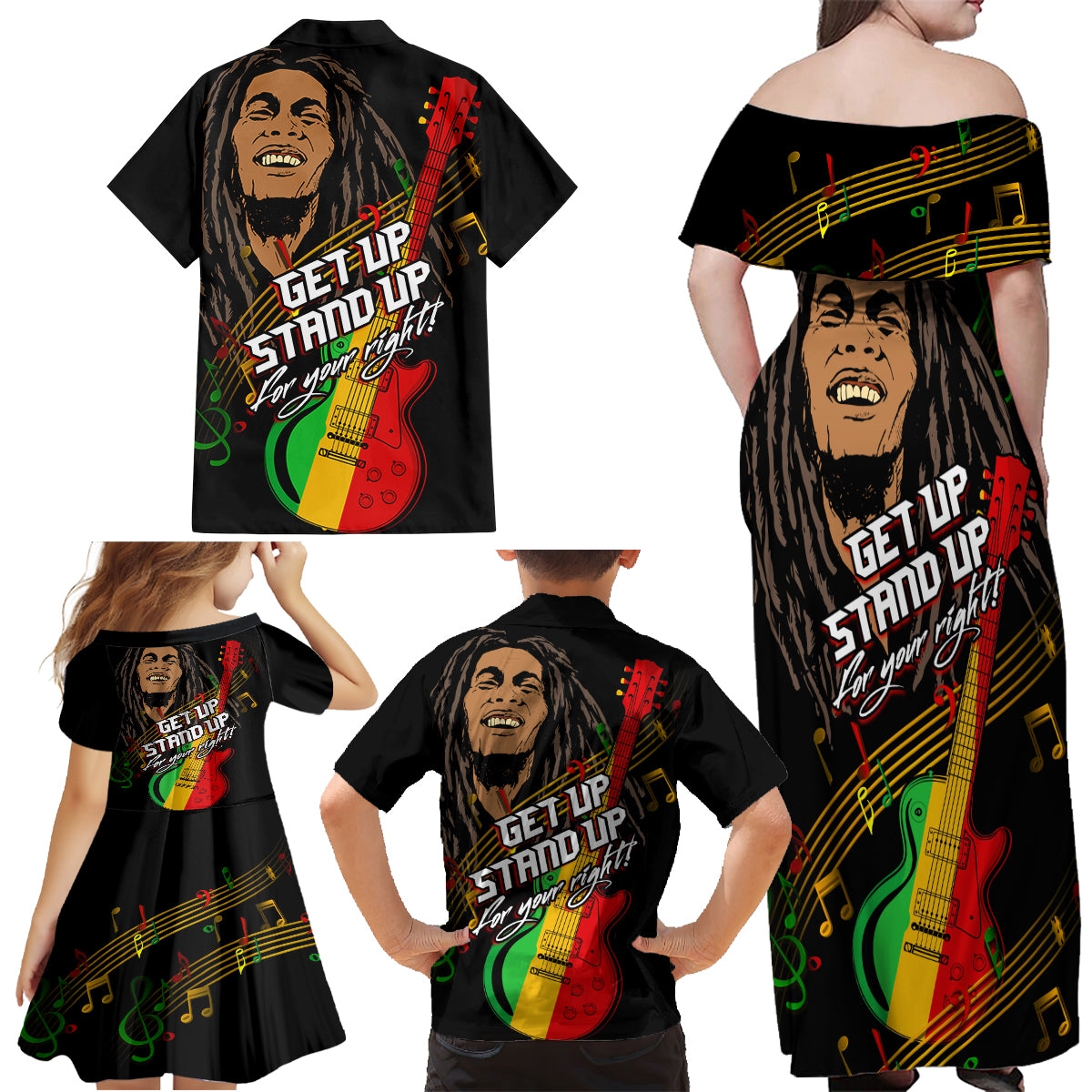 Legend Bob Get Up Stand Up Family Matching Off Shoulder Maxi Dress and Hawaiian Shirt Reggae Multicolored LT9 - Wonder Print Shop