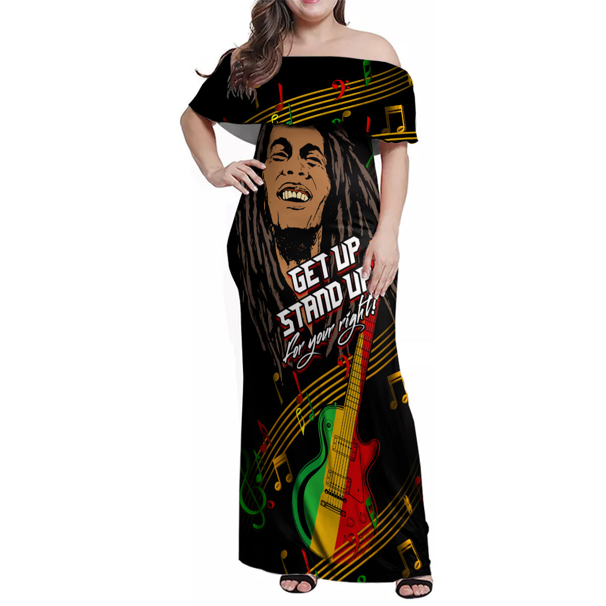 Legend Bob Get Up Stand Up Family Matching Off Shoulder Maxi Dress and Hawaiian Shirt Reggae Multicolored LT9 - Wonder Print Shop
