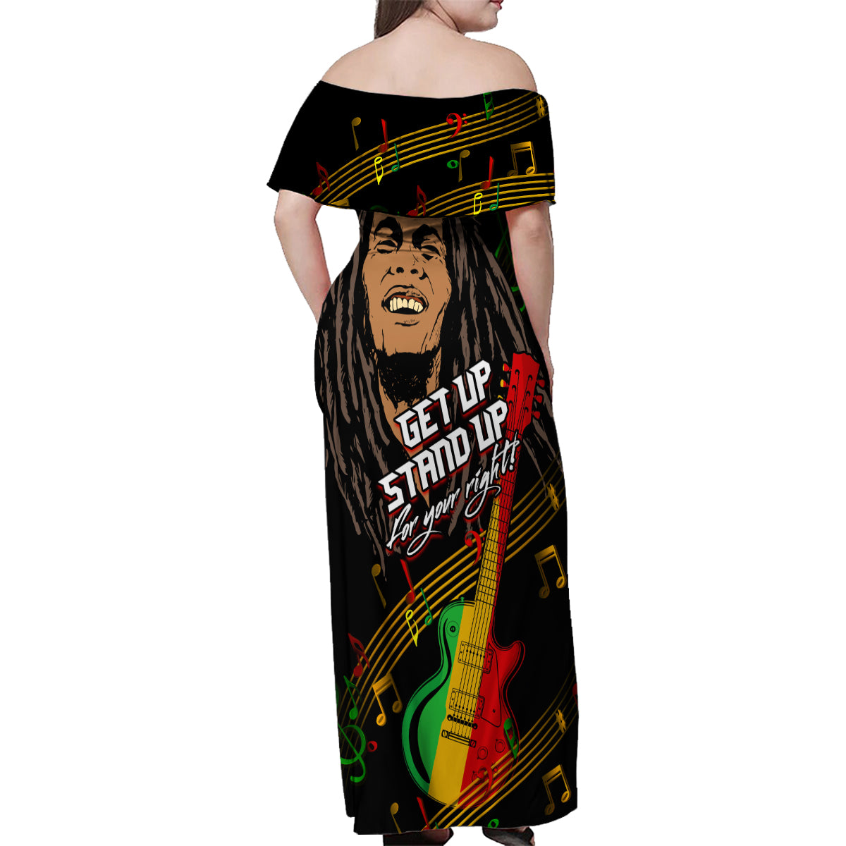 Legend Bob Get Up Stand Up Family Matching Off Shoulder Maxi Dress and Hawaiian Shirt Reggae Multicolored LT9 - Wonder Print Shop