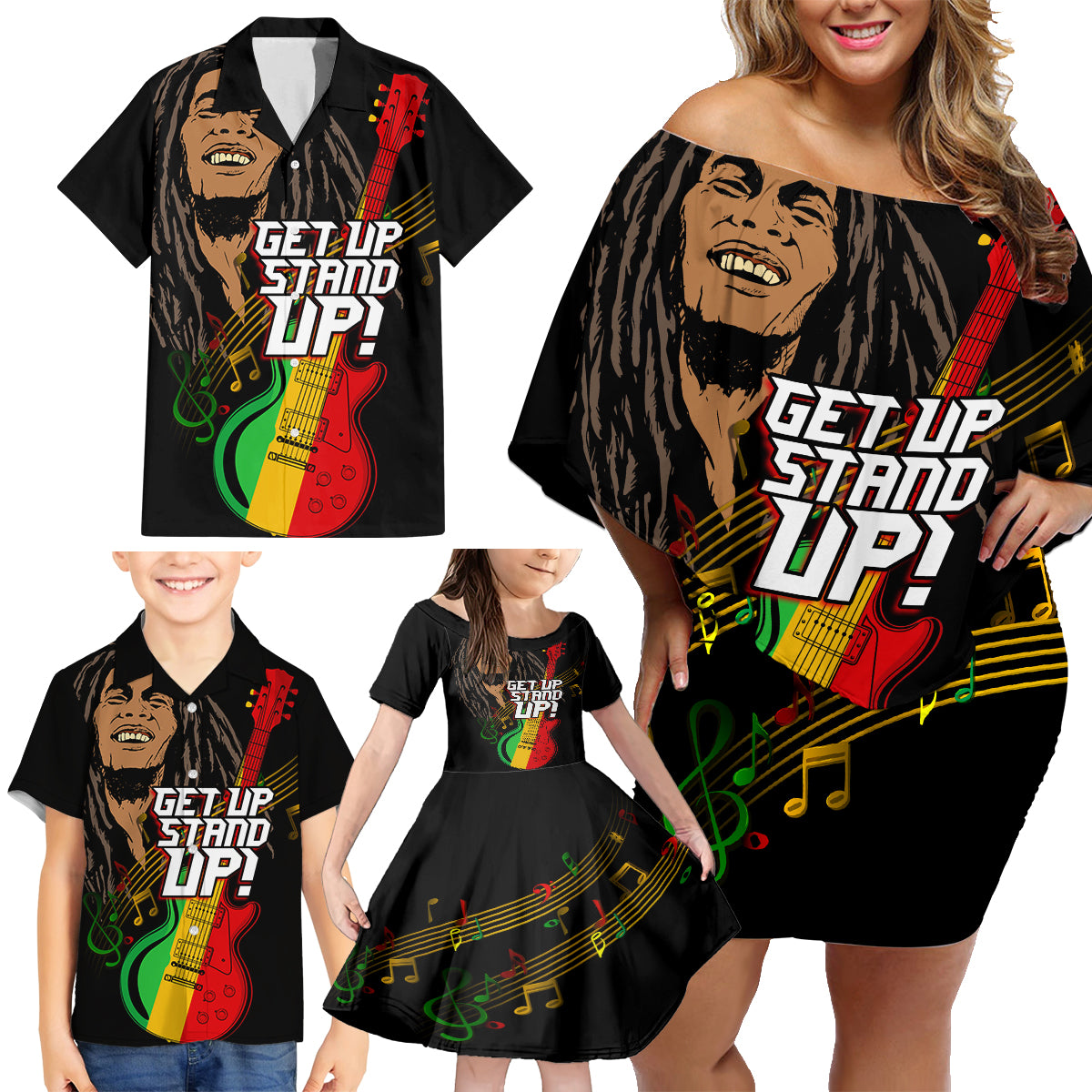 Legend Bob Get Up Stand Up Family Matching Off Shoulder Short Dress and Hawaiian Shirt Reggae Multicolored LT9 - Wonder Print Shop