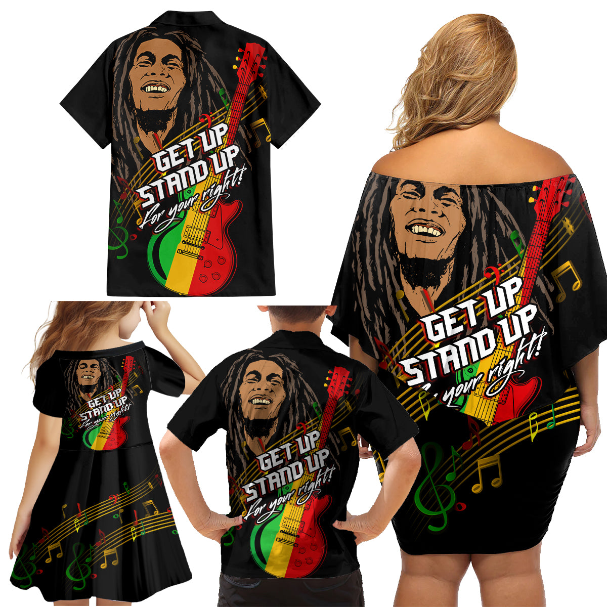 Legend Bob Get Up Stand Up Family Matching Off Shoulder Short Dress and Hawaiian Shirt Reggae Multicolored LT9 - Wonder Print Shop