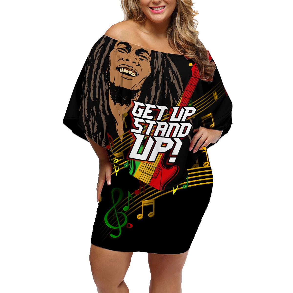 Legend Bob Get Up Stand Up Family Matching Off Shoulder Short Dress and Hawaiian Shirt Reggae Multicolored LT9 - Wonder Print Shop
