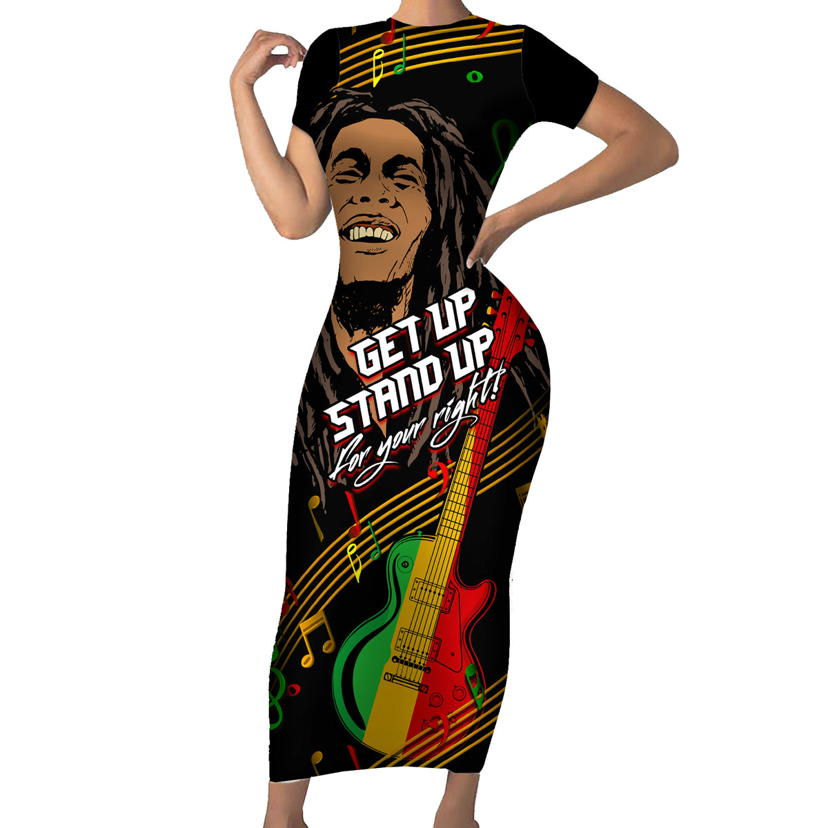 Legend Bob Get Up Stand Up Family Matching Short Sleeve Bodycon Dress and Hawaiian Shirt Reggae Multicolored - Wonder Print Shop