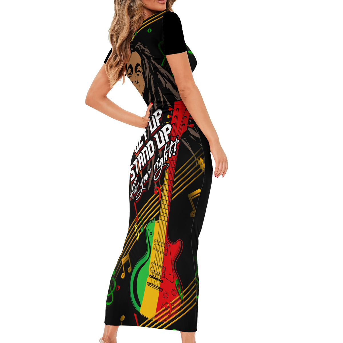 Legend Bob Get Up Stand Up Family Matching Short Sleeve Bodycon Dress and Hawaiian Shirt Reggae Multicolored - Wonder Print Shop