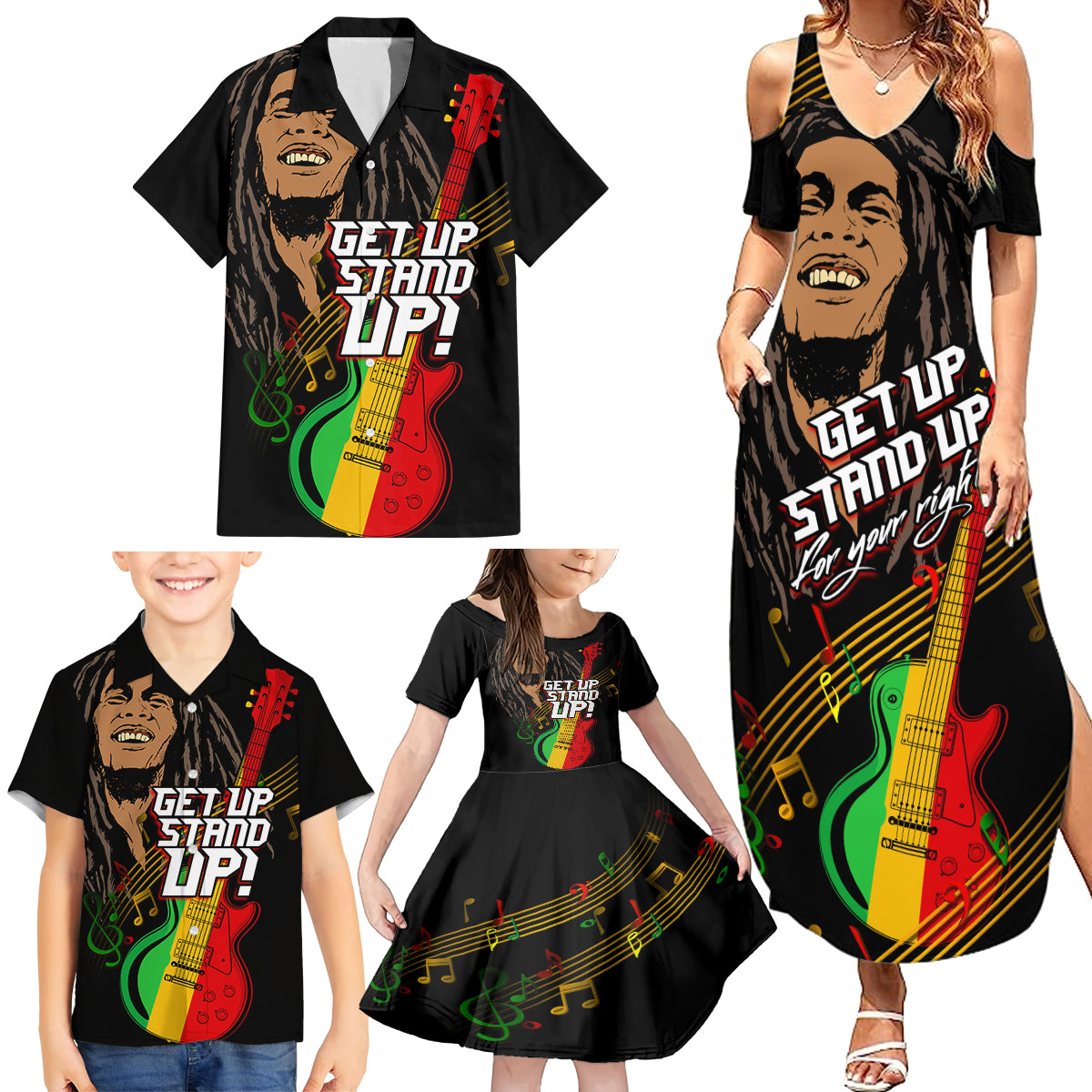 Legend Bob Get Up Stand Up Family Matching Summer Maxi Dress and Hawaiian Shirt Reggae Multicolored - Wonder Print Shop