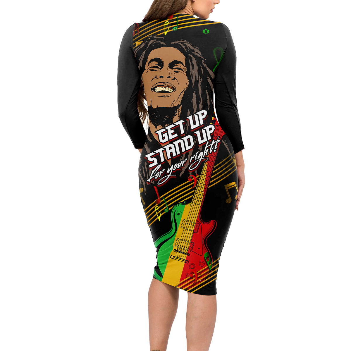 Legend Bob Get Up Stand Up Long Sleeve Bodycon Dress Reggae Multicolored - Wonder Print Shop