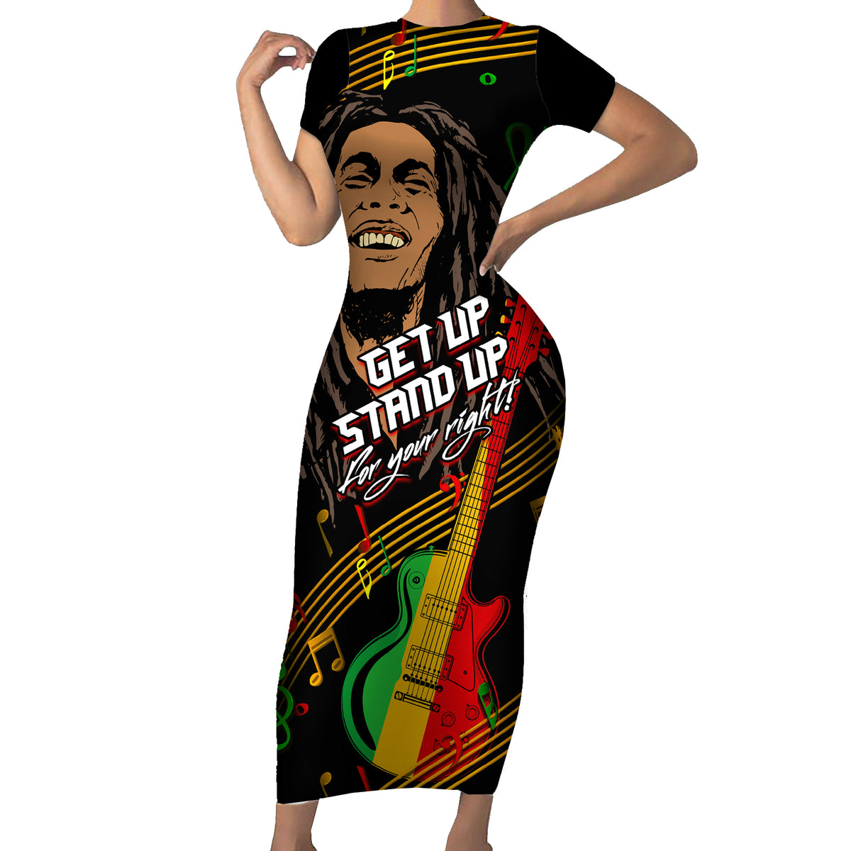 Legend Bob Get Up Stand Up Short Sleeve Bodycon Dress Reggae Multicolored - Wonder Print Shop