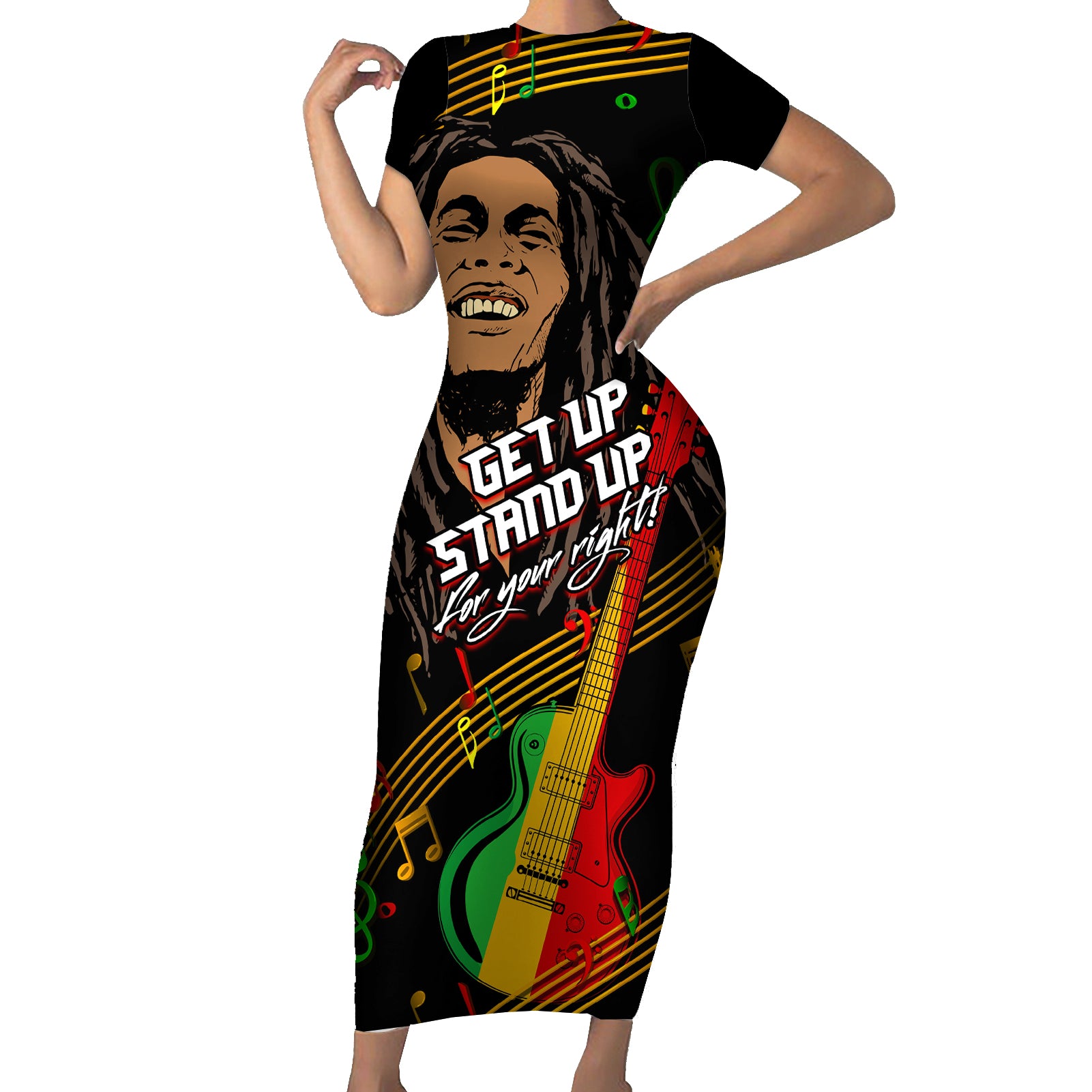 Legend Bob Get Up Stand Up Short Sleeve Bodycon Dress Reggae Multicolored - Wonder Print Shop