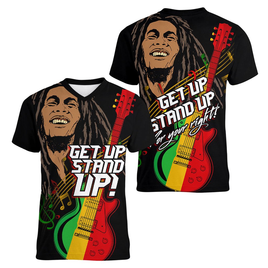 Legend Bob Get Up Stand Up Women V Neck T Shirt Reggae Multicolored - Wonder Print Shop
