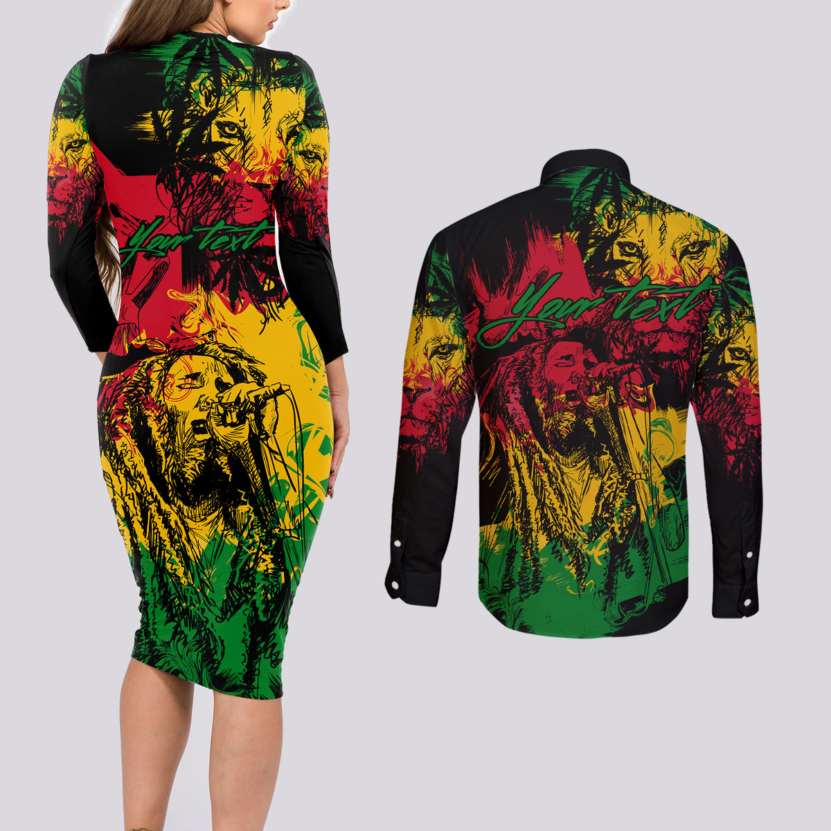 Rastafarian Lion Legend Bob Couples Matching Long Sleeve Bodycon Dress and Long Sleeve Button Shirt Reggae Festival Sketch Portrait LT9 - Wonder Print Shop