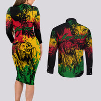 Rastafarian Lion Legend Bob Couples Matching Long Sleeve Bodycon Dress and Long Sleeve Button Shirt Reggae Festival Sketch Portrait LT9 - Wonder Print Shop