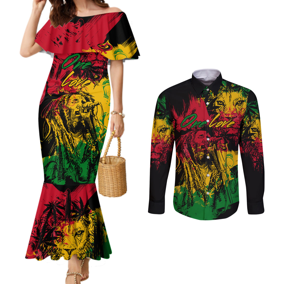 Rastafarian Lion Bob Marley Couples Matching Mermaid Dress and Long Sleeve Button Shirt Reggae Festival Sketch Portrait