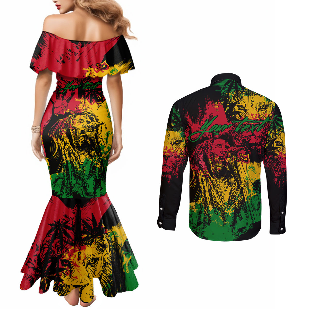 Rastafarian Lion Bob Marley Couples Matching Mermaid Dress and Long Sleeve Button Shirt Reggae Festival Sketch Portrait