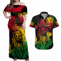 Rastafarian Lion Legend Bob Couples Matching Off Shoulder Maxi Dress and Hawaiian Shirt Reggae Festival Sketch Portrait LT9 - Wonder Print Shop