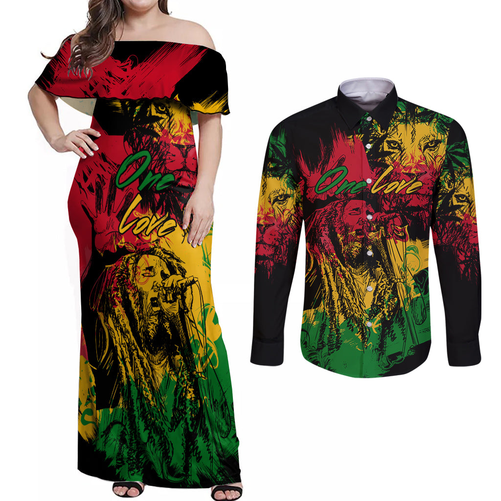 Rastafarian Lion Legend Bob Couples Matching Off Shoulder Maxi Dress and Long Sleeve Button Shirt Reggae Festival Sketch Portrait LT9 - Wonder Print Shop