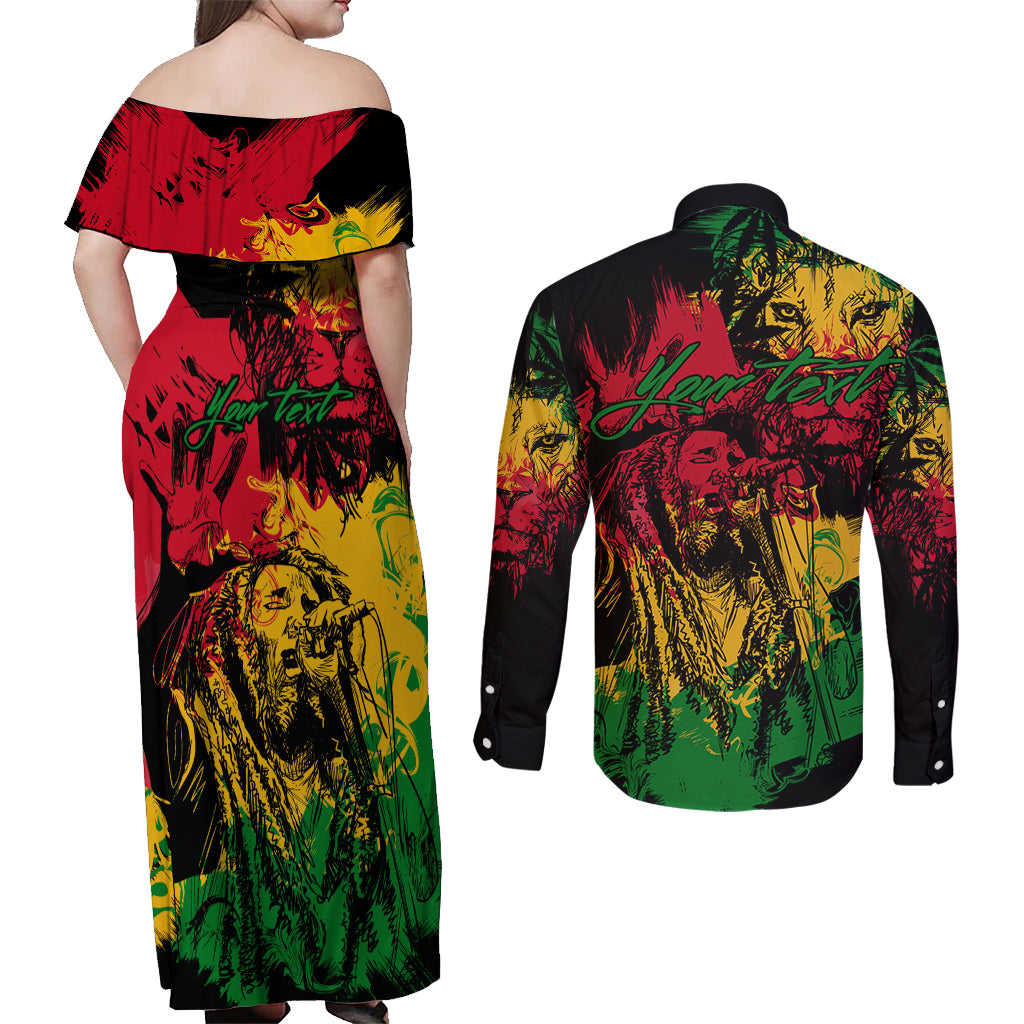 Rastafarian Lion Legend Bob Couples Matching Off Shoulder Maxi Dress and Long Sleeve Button Shirt Reggae Festival Sketch Portrait LT9 - Wonder Print Shop