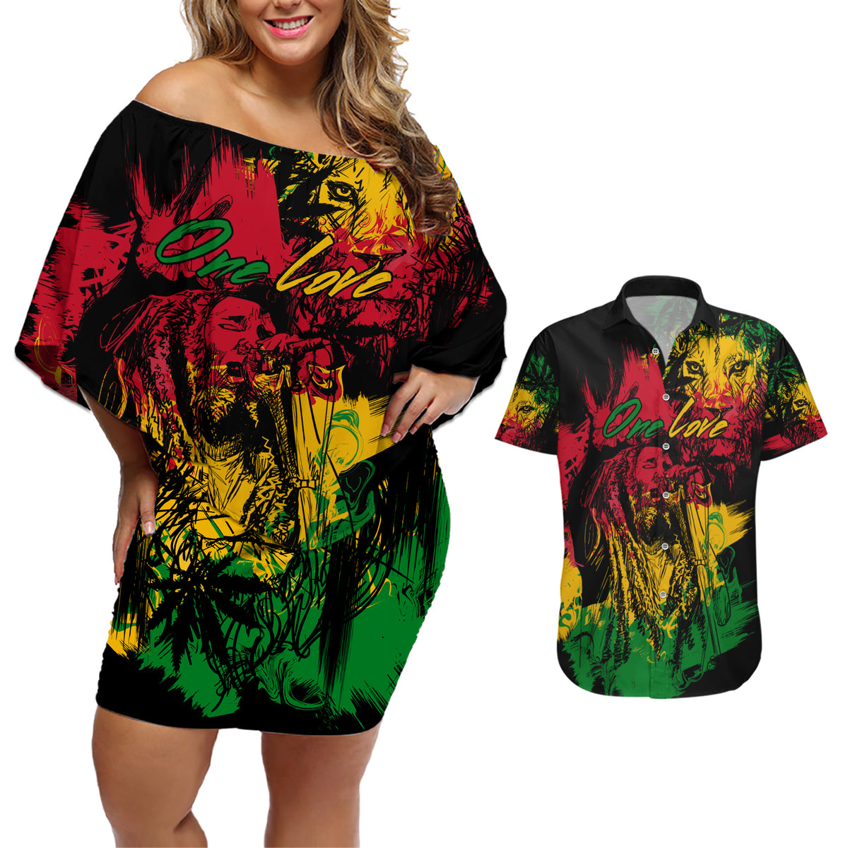 Rastafarian Lion Legend Bob Couples Matching Off Shoulder Short Dress and Hawaiian Shirt Reggae Festival Sketch Portrait LT9 - Wonder Print Shop
