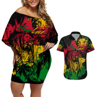 Rastafarian Lion Legend Bob Couples Matching Off Shoulder Short Dress and Hawaiian Shirt Reggae Festival Sketch Portrait LT9 - Wonder Print Shop