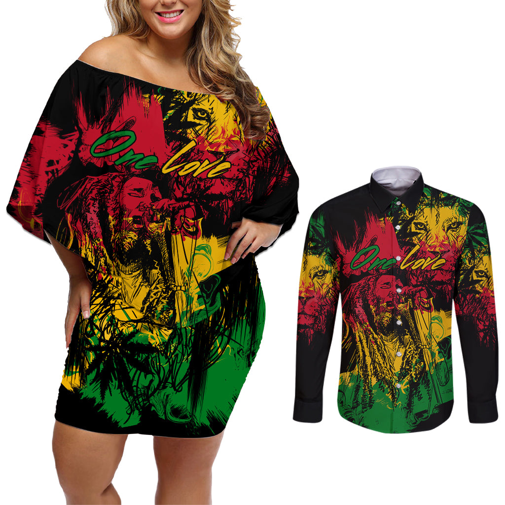 Rastafarian Lion Legend Bob Couples Matching Off Shoulder Short Dress and Long Sleeve Button Shirt Reggae Festival Sketch Portrait LT9 - Wonder Print Shop