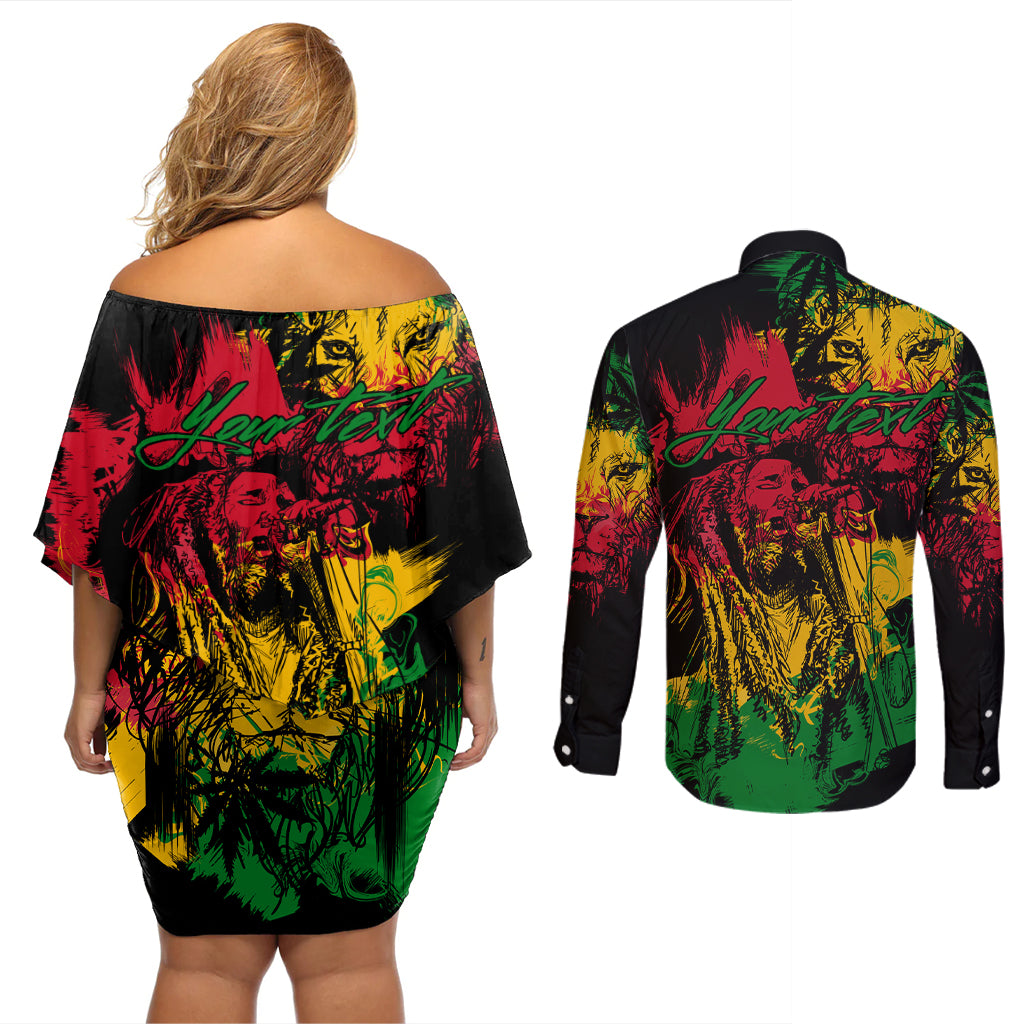 Rastafarian Lion Legend Bob Couples Matching Off Shoulder Short Dress and Long Sleeve Button Shirt Reggae Festival Sketch Portrait LT9 - Wonder Print Shop