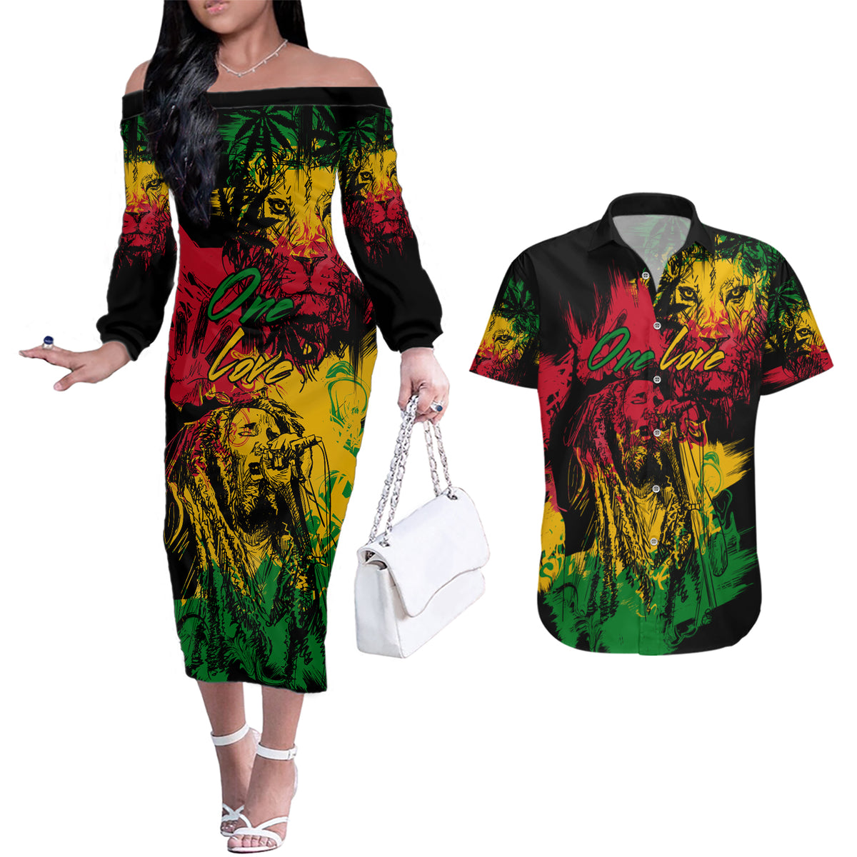 Rastafarian Lion Legend Bob Couples Matching Off The Shoulder Long Sleeve Dress and Hawaiian Shirt Reggae Festival Sketch Portrait LT9 - Wonder Print Shop