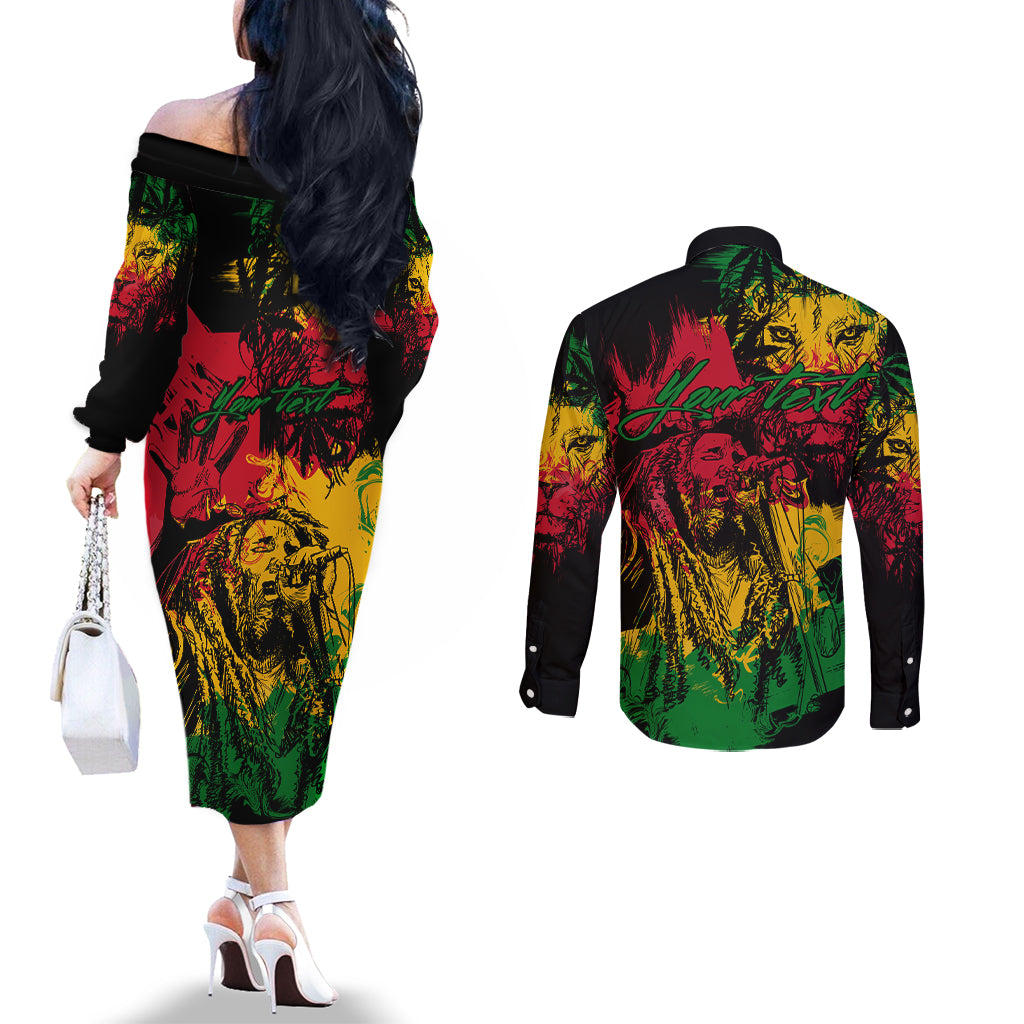 Rastafarian Lion Bob Marley Couples Matching Off The Shoulder Long Sleeve Dress and Long Sleeve Button Shirt Reggae Festival Sketch Portrait