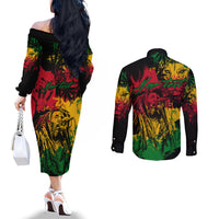 Rastafarian Lion Bob Marley Couples Matching Off The Shoulder Long Sleeve Dress and Long Sleeve Button Shirt Reggae Festival Sketch Portrait