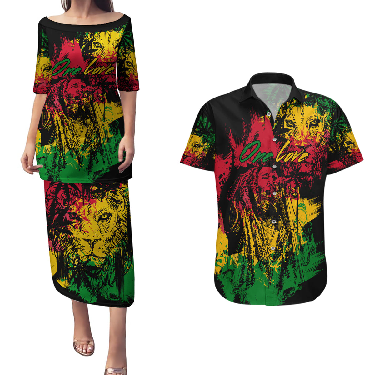 Rastafarian Lion Legend Bob Couples Matching Puletasi and Hawaiian Shirt Reggae Festival Sketch Portrait LT9 - Wonder Print Shop