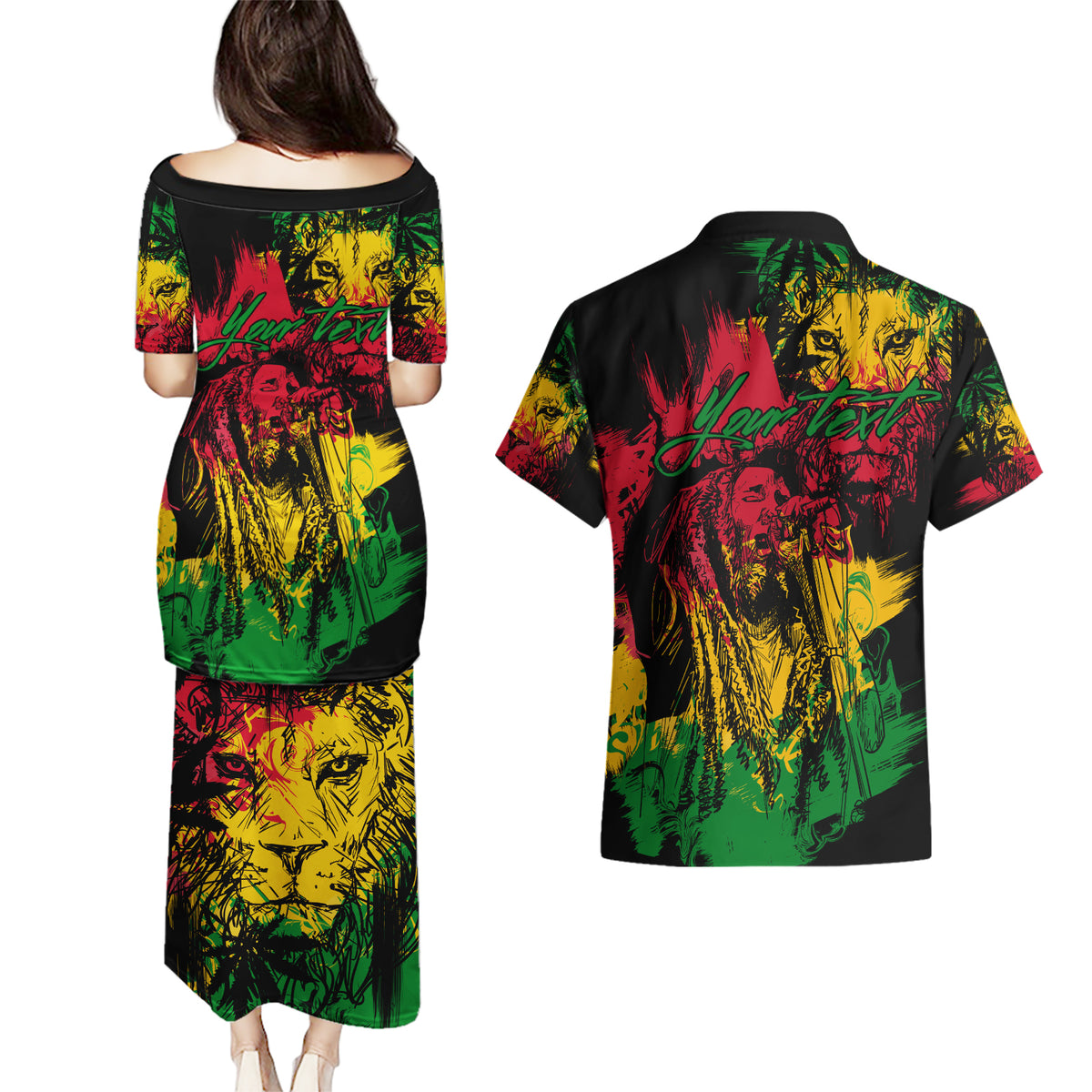 Rastafarian Lion Legend Bob Couples Matching Puletasi and Hawaiian Shirt Reggae Festival Sketch Portrait LT9 - Wonder Print Shop