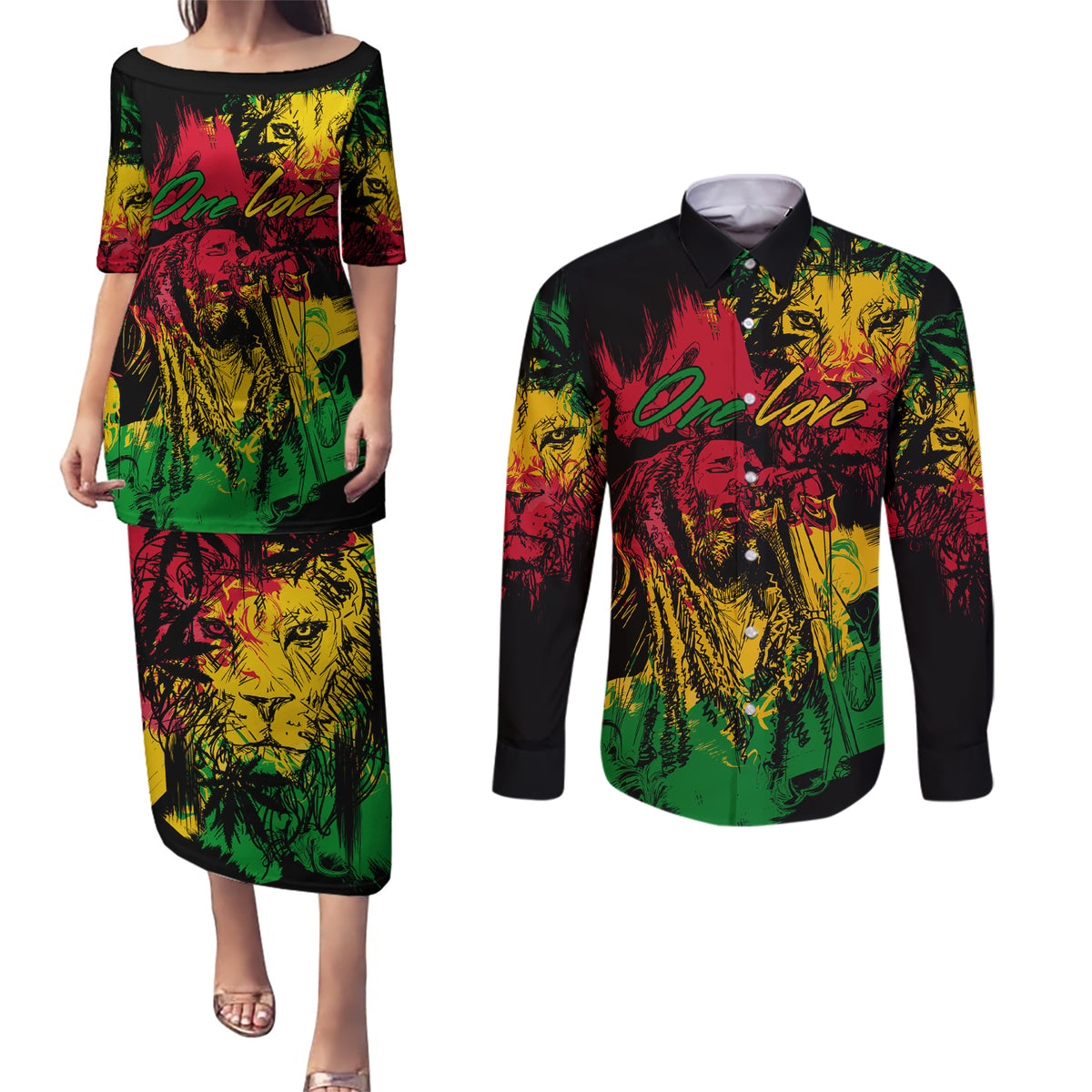 Rastafarian Lion Legend Bob Couples Matching Puletasi and Long Sleeve Button Shirt Reggae Festival Sketch Portrait LT9 - Wonder Print Shop