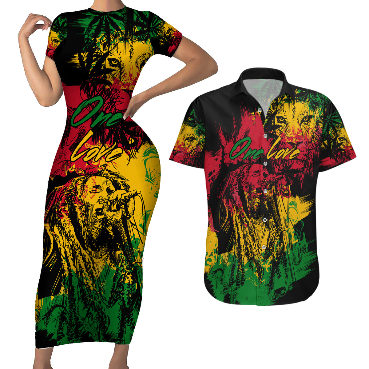 Rastafarian Lion Legend Bob Couples Matching Short Sleeve Bodycon Dress and Hawaiian Shirt Reggae Festival Sketch Portrait LT9 - Wonder Print Shop