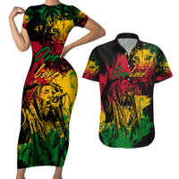 Rastafarian Lion Legend Bob Couples Matching Short Sleeve Bodycon Dress and Hawaiian Shirt Reggae Festival Sketch Portrait LT9 - Wonder Print Shop