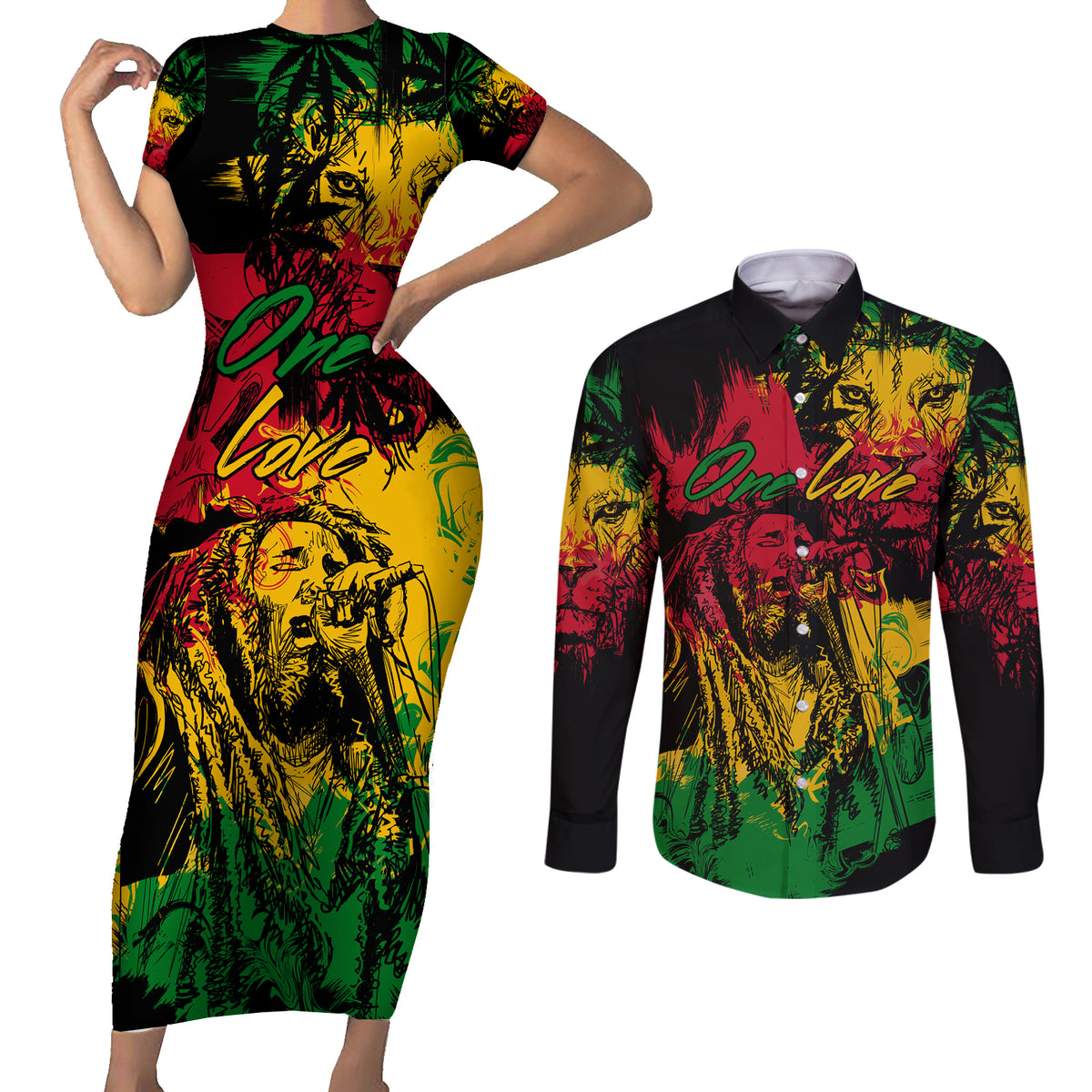 Rastafarian Lion Legend Bob Couples Matching Short Sleeve Bodycon Dress and Long Sleeve Button Shirt Reggae Festival Sketch Portrait LT9 - Wonder Print Shop