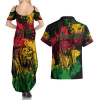 Rastafarian Lion Legend Bob Couples Matching Summer Maxi Dress and Hawaiian Shirt Reggae Festival Sketch Portrait LT9 - Wonder Print Shop