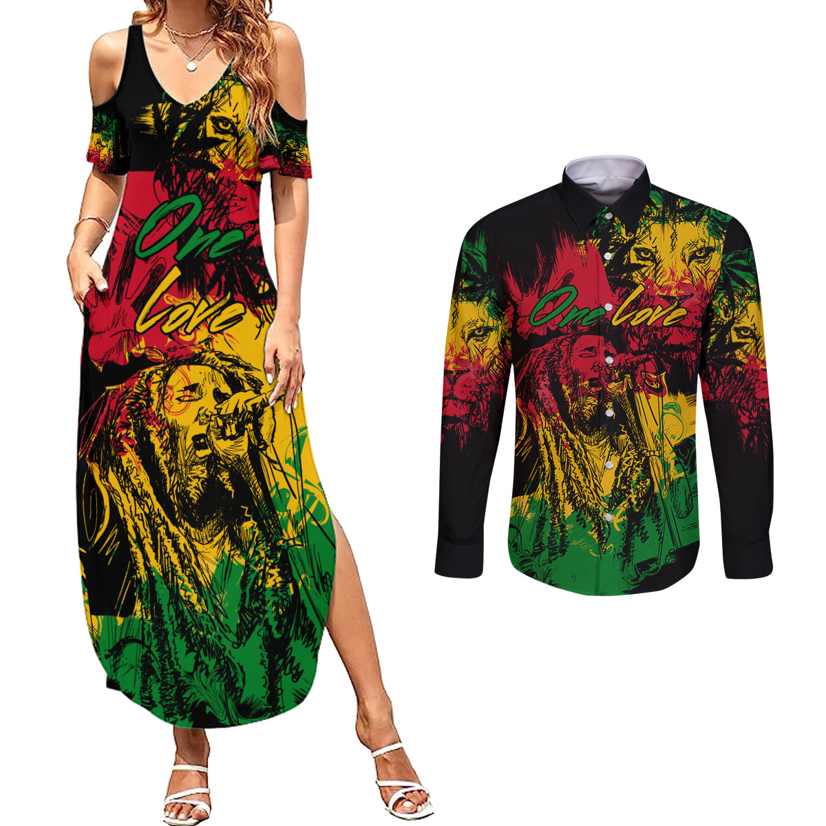 Rastafarian Lion Legend Bob Couples Matching Summer Maxi Dress and Long Sleeve Button Shirt Reggae Festival Sketch Portrait LT9 - Wonder Print Shop