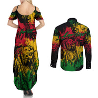 Rastafarian Lion Legend Bob Couples Matching Summer Maxi Dress and Long Sleeve Button Shirt Reggae Festival Sketch Portrait LT9 - Wonder Print Shop
