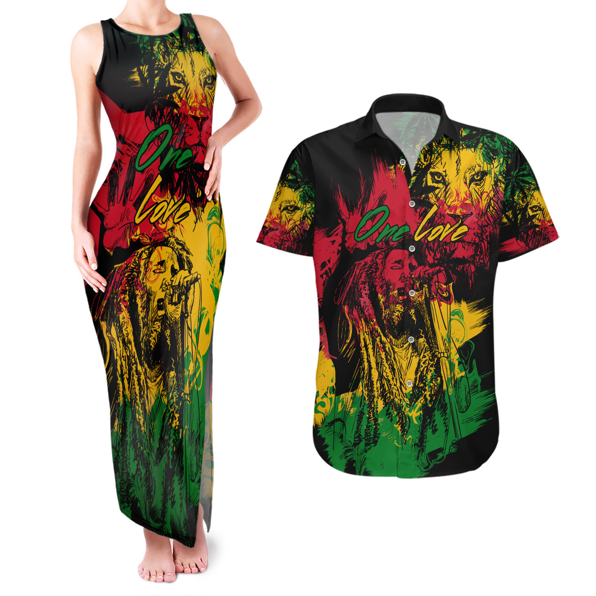Rastafarian Lion Legend Bob Couples Matching Tank Maxi Dress and Hawaiian Shirt Reggae Festival Sketch Portrait LT9 - Wonder Print Shop